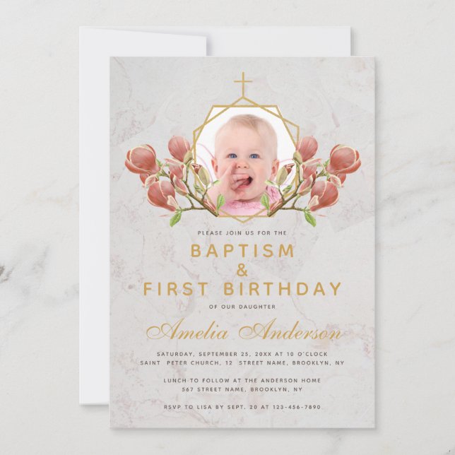 Photo Girl Baptism Rosa Magnolia First Birthday Inbjudningar (Framsida)