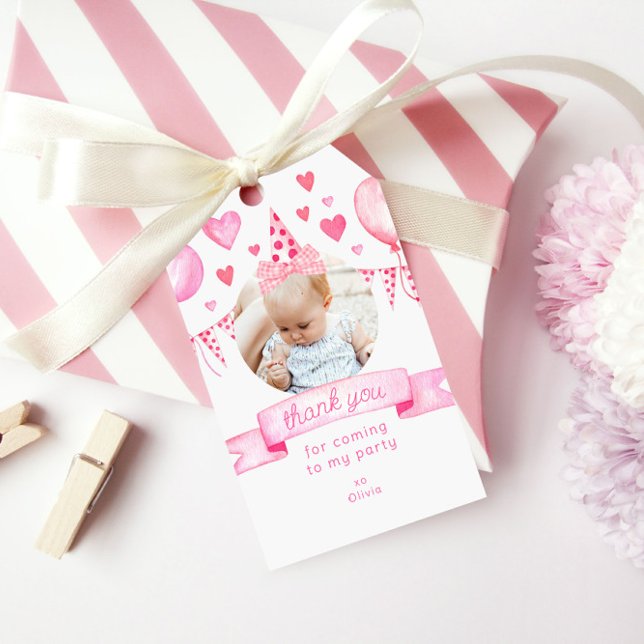 Photo Girl Bow Coquette Rosa Birthday Tack Presentetikett (Skapare uppladdad)