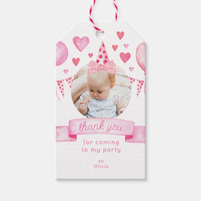 Photo Girl Bow Coquette Rosa Birthday Tack Presentetikett (Framsidan)