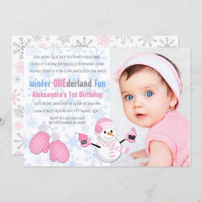 Photo Girl's Winter ONEderland Födelsedagsfest Inbjudningar (Fram/baksida)