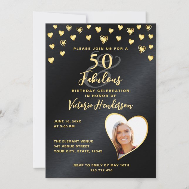 Photo Glam Black & Guld 50 och Fabulous Birthday Inbjudningar (Framsida)