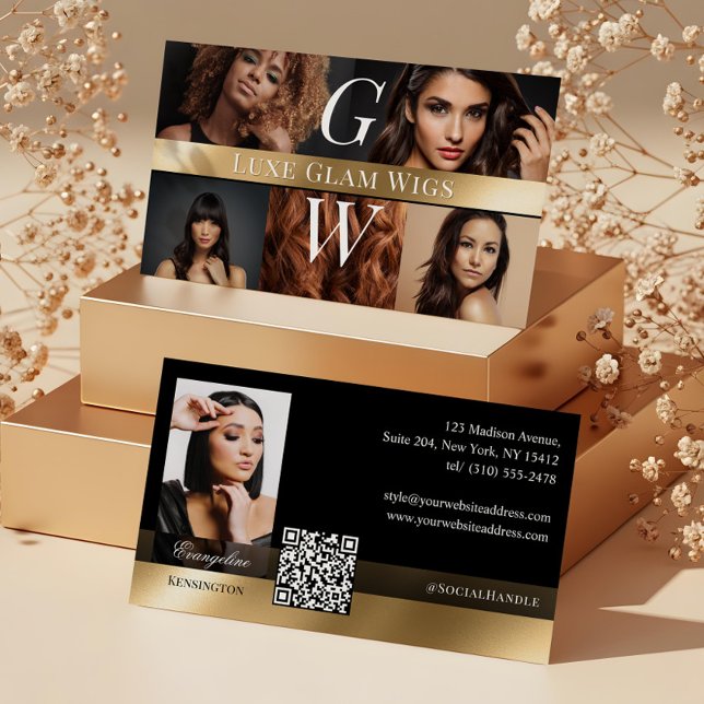 Photo Glam Professional Wig Monogram Svart Guld Visitkort (Photo Glam Professional Wig Monogram Black Gold Business Card)