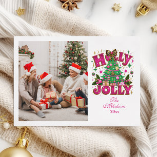 Photo Glitter Leopard Bow Holly Jolly Julkort