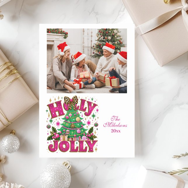 Photo Glitter Leopard Bow Holly Jolly Julkort (Skapare uppladdad)