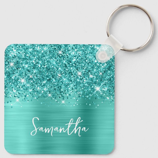 Photo Glittery Teal Turcos Glam Script Namn Nyckelring (Baksida)
