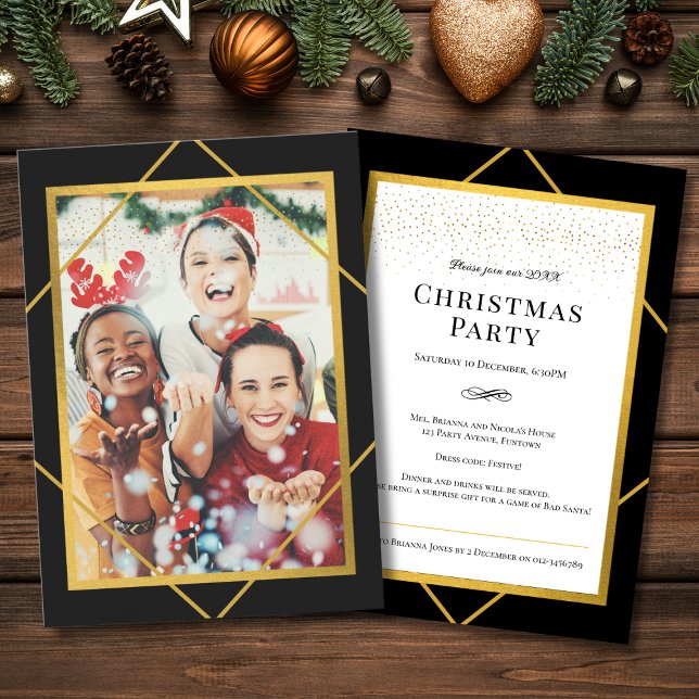 Photo Gnistra jul Party Inbjudningar (Christmas Party Invitation with sparkle elements and custom photo in gold, black and white)