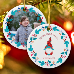 Photo Gnome Sweet Gnome Cute Elf Blommigt Utandnin Julgransprydnad Keramik