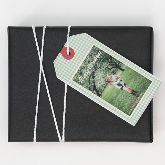 Photo God jul Grönt Play Gingham Rustic Presentetikett (Skapare uppladdad)