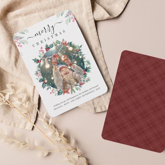 Photo God jul Red Berries Botanical Anteckningskort (Red Berries Script Merry Christmas Photo Greetings Card)