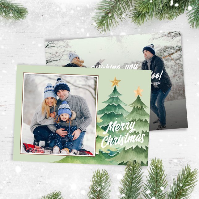Photo God jul Watercolor Julgranar Julkort (Merry Christmas holiday photo card with watercolor Christmas trees. )