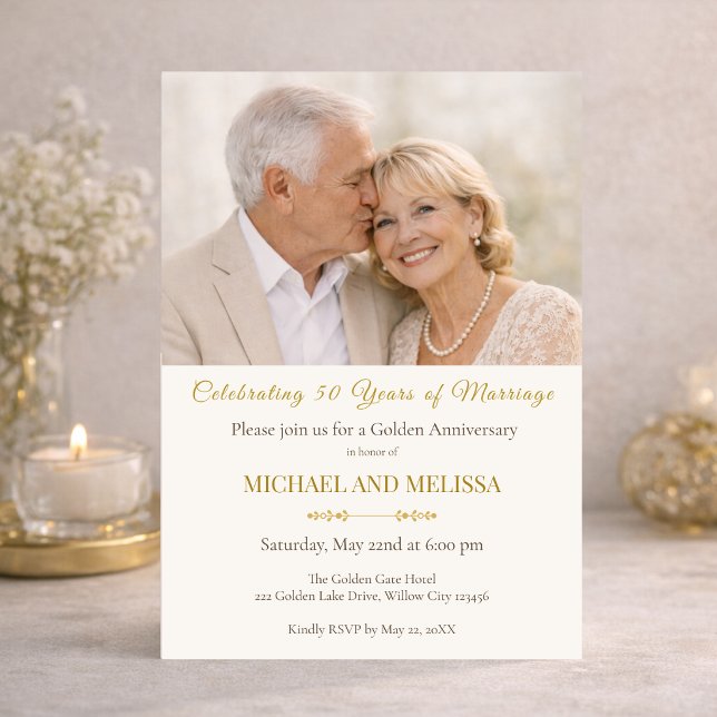 Photo Gold 50th Anniversary Elegant Couple Inbjudningar (Soft candlelight highlights this romantic 50th anniversary invitation design)