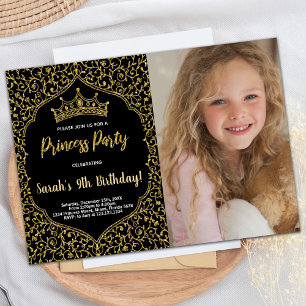 Photo Golden Glitter Black Rosa Princess Birthday Inbjudningar