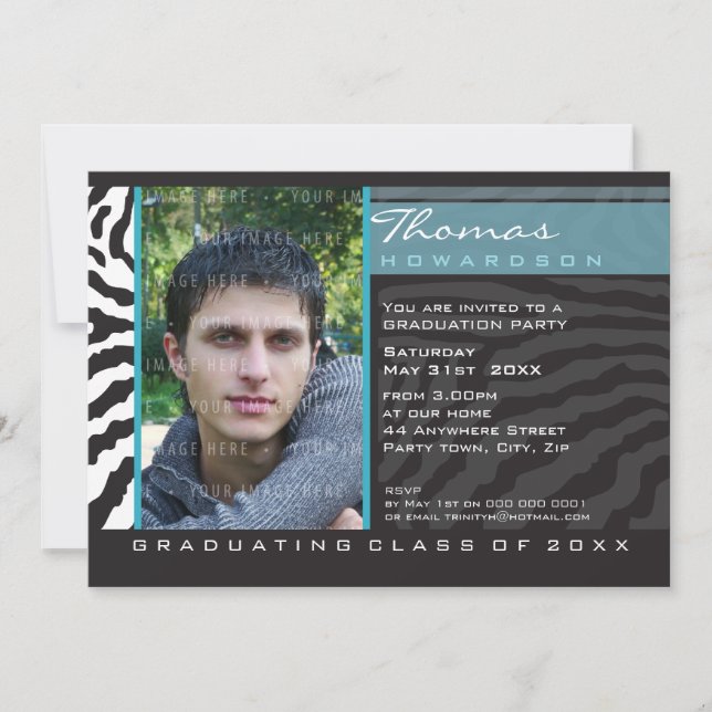 PHOTO GRAD PARTY INBJUDAN zebra rand aqua blue (Framsida)