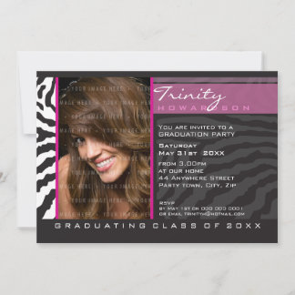 PHOTO GRAD PARTY INBJUDAN zebra rand svart rosa