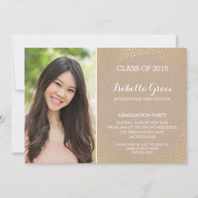 PHOTO GRAD PARTY mini guld konetti eco Kraft Inbjudningar (Framsida)