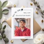 Photo Graduation party male Save the Date Spara Datumet<br><div class="desc">A white colored background, black text. Celebrate your graduate’s big milestone in style with this modern Save the Date card for a graduation party. Featuring a clean minimalist layout, elegant typography, and a customizable photo, this design is perfect for announcing your celebration in a timeless way. Add your graduate’s name,...</div>