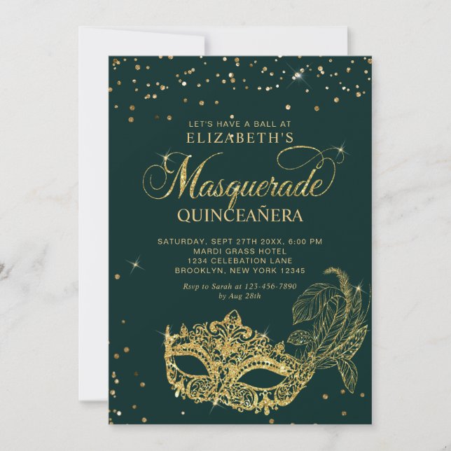 Photo Green Gold Glitter Masquerade Quinceañera Inbjudningar (Framsida)