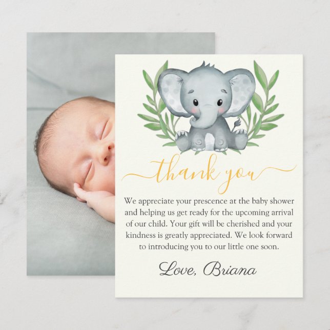Photo Greenery Elephant Neutralt Baby Shower Inbjudningar (Fram/baksida)