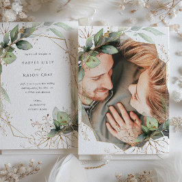 Photo Greenery och Faux Guld Bröllop Inbjudningar