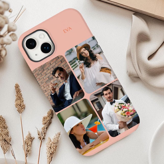 Photo Grid 4 Bilder Namn eller Initialer Orange (Orange personalized iphone case with 4 picture photo collage by Darling & May)