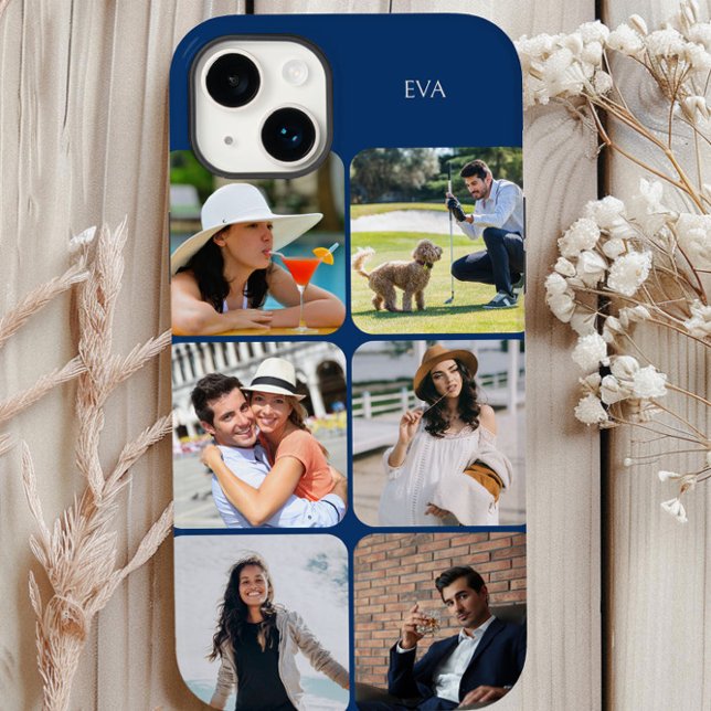 Photo Grid 6 Bilder Namn eller Initialer Blue (Blue personalized iphone case with 6 picture photo collage by Darling & May)