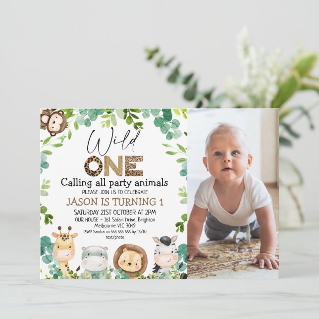Photo Grönt Animals Safari Vild 1:a födelsedag Inbjudningar (Stående Fram)