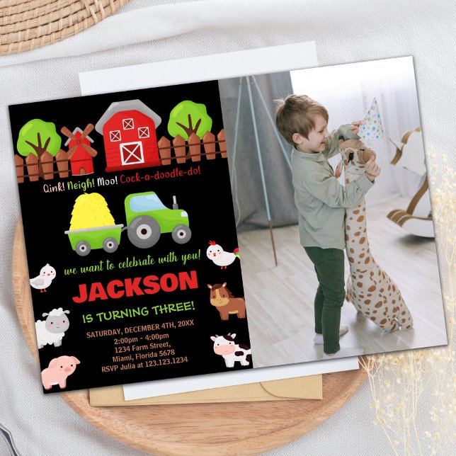 Photo Grönt Black Red Boskap Birthday Inbjudningar (Photo Green Black Red Farm Animals Birthday Invitation)