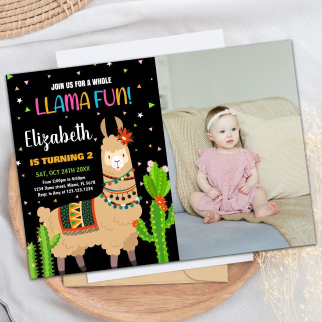 Photo Grönt Brown Llama Roligt Llama Birthday Inbjudningar (Photo Green Brown Llama Fun Llama Birthday Invitation)