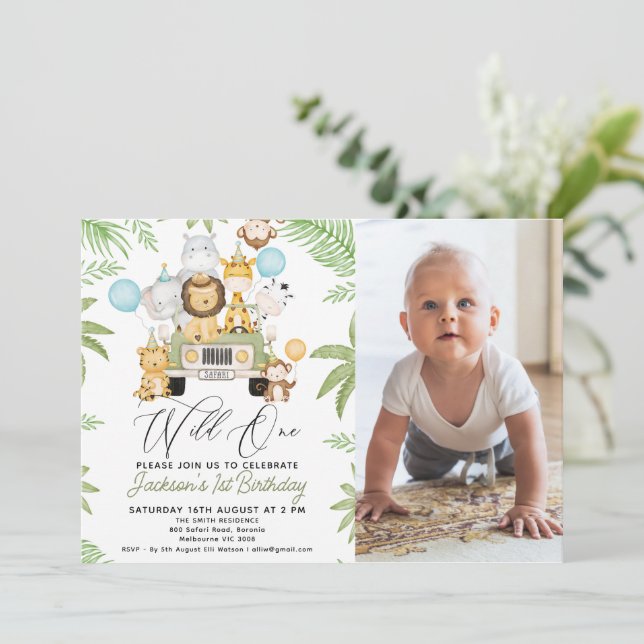 Photo Grönt Car Safari Vild 1:a födelsedag Inbjudningar (Stående Fram)
