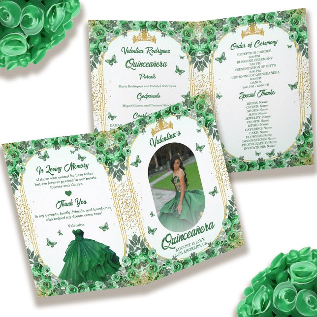 Photo Grönt Guld Glitter Blommigt Quinceanera Program (Photo Green Gold Glitter Floral Quinceanera Program)