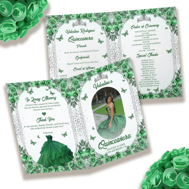 Photo Grönt Silver Glitter Blommigt Quinceanera Program (Photo Green Silver Glitter Floral Quinceanera Program)