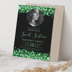 PHOTO Grönt Sparkles Sweet 16 Födelsedagsfest Inbjudningar