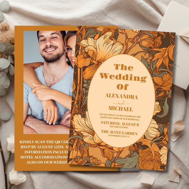 Photo Guld Blommigt Art nouveau Bröllop Inbjudningar (Skapare uppladdad)