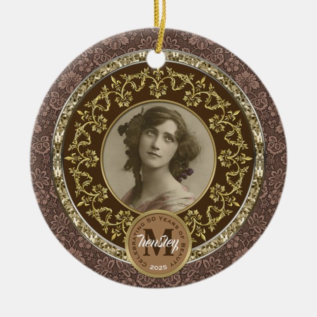 Photo Guld Classic Damask Commemorative Chocolate Julgransprydnad Keramik (Framsidan)