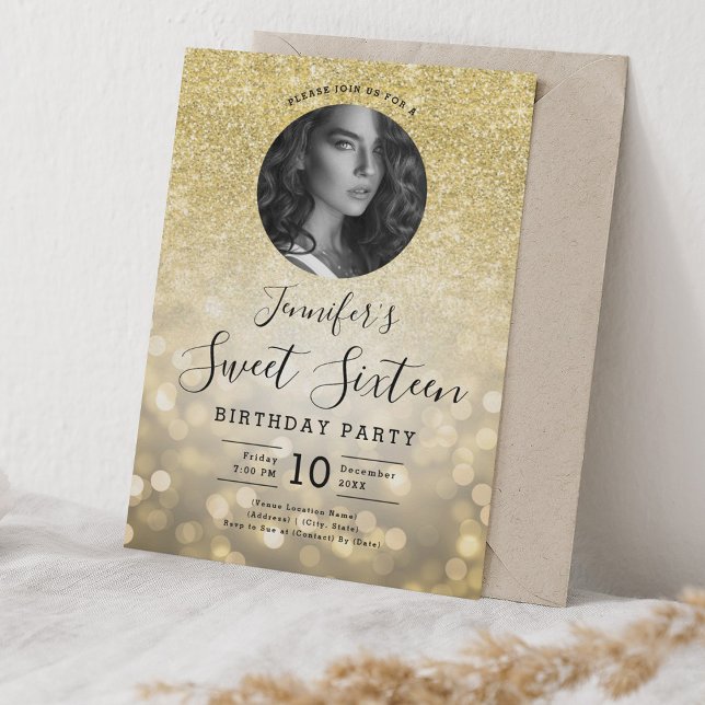 PHOTO Guld Glitter Bokeh Ljus Sweet 16 Party Inbjudningar (PHOTO Gold Glitter Bokeh Lights Sweet 16 Party Invitation)