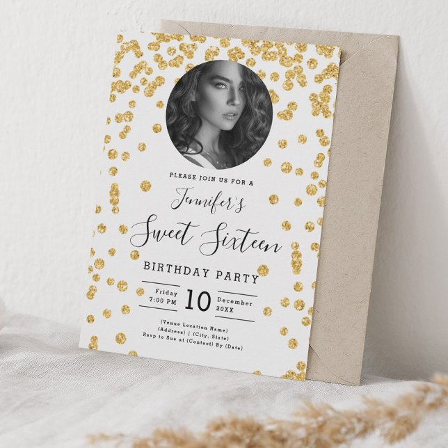 PHOTO Guld Glitter Confetti Sweet 16 Party Inbjudningar (PHOTO Gold Glitter Confetti Sweet 16 Party Invitation)