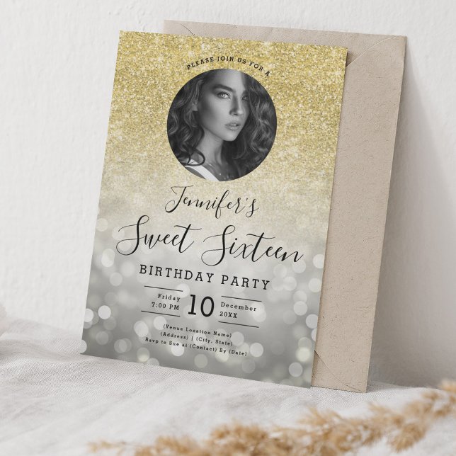 PHOTO Guld Glitter Silver Bokeh Ljus Sweet 16 Inbjudningar (PHOTO Gold Glitter Silver Bokeh Lights Sweet 16 Invitation)