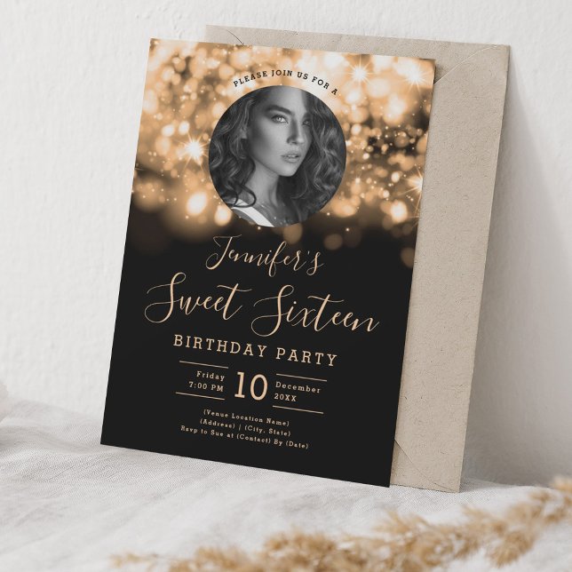 PHOTO Guld Hollywood Ljus Sweet 16 Party Inbjudningar (PHOTO Gold Hollywood Lights Sweet 16 Party Invitation)