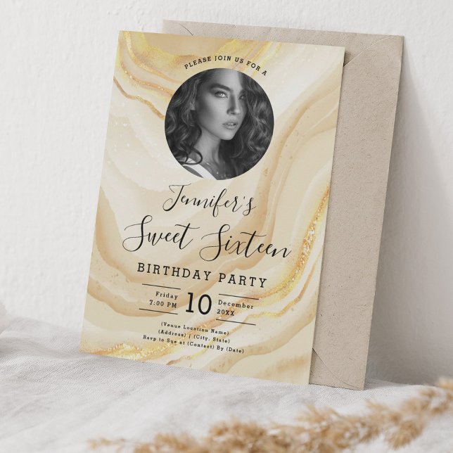 PHOTO Guld Marble Glitter Sweet 16 Party Inbjudningar (PHOTO Gold Marble Glitter Sweet 16 Party Invitation)