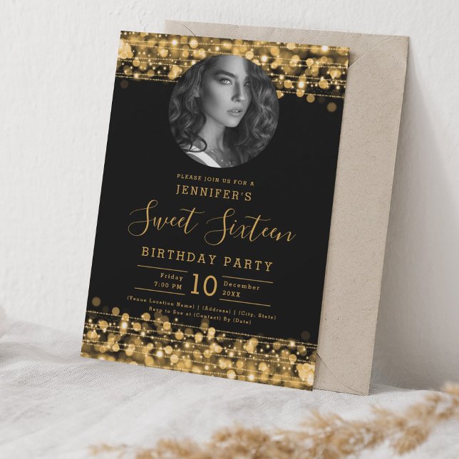 PHOTO Guld Sparkles Sweet 16 Födelsedagsfest Inbjudningar (PHOTO Gold Sparkles Sweet 16 Birthday Party Invitation)