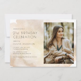 Photo Guld Watercolor 21 Birthday Party Inbjudningar