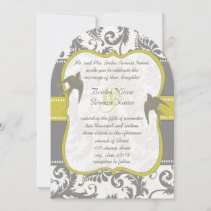 Photo Gult & Grått Vintage Bird Damask Wedding Inbjudningar