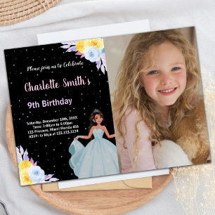 Photo Gult Lila Blommigt Princess Birthday Inbjudningar