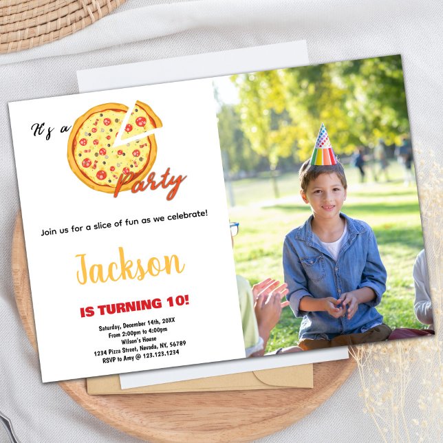 Photo Gult Orange White Red Pizza Birthday Inbjudningar (Photo Yellow Orange White Red Pizza Birthday Invitation)