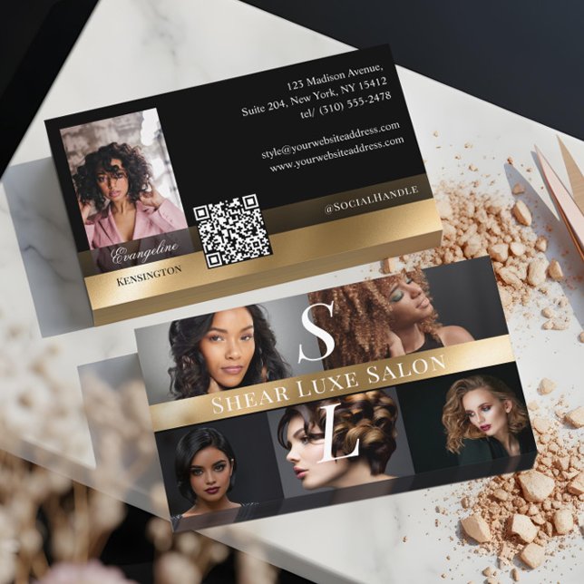 Photo Hair Salon Stylist Luxe Monogram Black Gold Visitkort (Photo Hair Salon Stylist Luxe Monogram Black Gold Business Card)