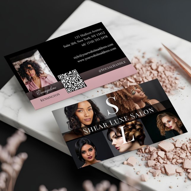 Photo Hair Salon Stylist Luxe Monogram Black Pink Visitkort (Photo Hair Salon Stylist Luxe Monogram Black Pink Business Card)