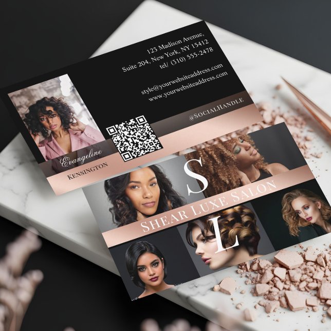 Photo Hair Salon Stylist Luxe Monogram Black Rose Visitkort (Photo Hair Salon Stylist Luxe Monogram Black Rose Business Card)