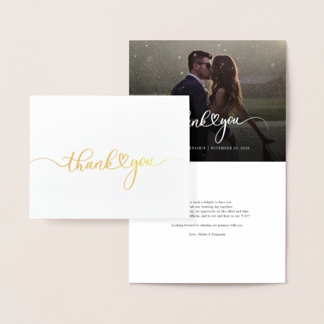 Photo Hand-Lettered Bröllop Tack Guld Folierat Kort (Display)