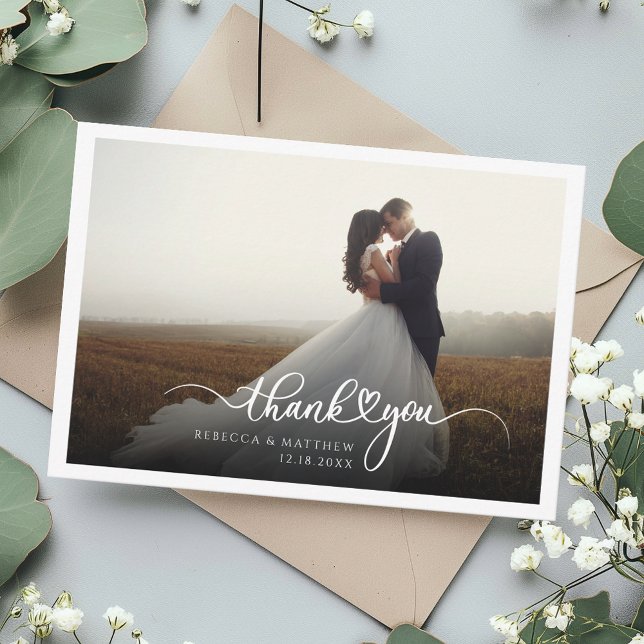 Photo Hand-Lettered Modern Bröllop Tack Kort (Elegant Modern Photo Wedding Thank You Card)