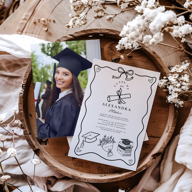 Photo Hand plockade Illustrated Black & White Grad Inbjudningar (Skapare uppladdad)
